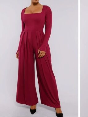 SHAPELLX built in Shapewear Square Neck Long Sleeve Wide-Leg Jumpsuit - Burgundy